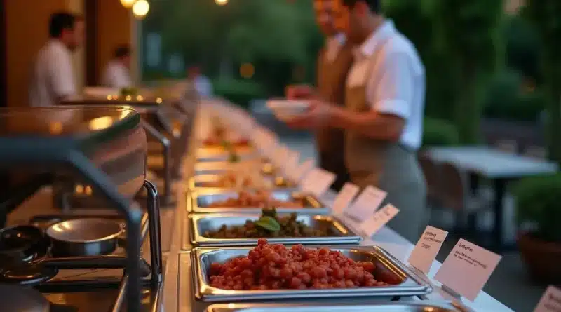 Buffet all'aperto in un ristorante con giardino: vassoi e utensili separati per ridurre contaminazioni