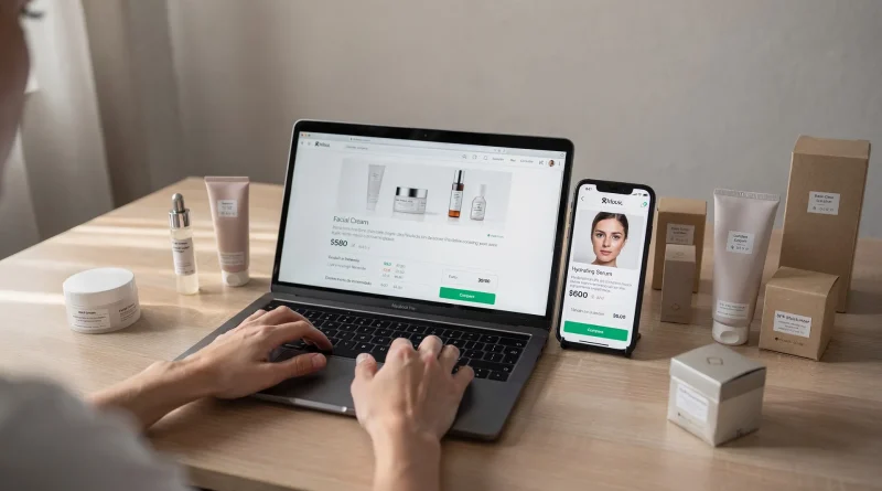 Consumatrice confronta online le schede di creme viso davanti a laptop e smartphone